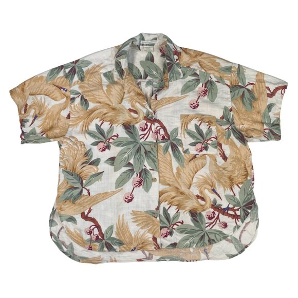 Anne Pinkerton Hawaiian Button Up Muted Tropical Botanical Aves Women's Size 6 - Picture 1 of 13